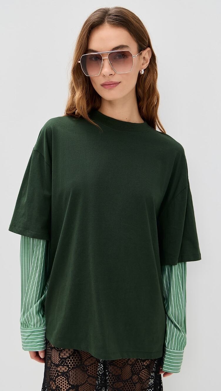 Lioness Bottega Green Layered Mix Media Crewneck Tee Striped Long Sleeve Shirt S